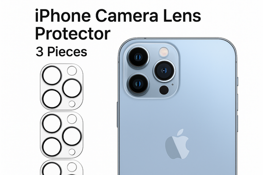 Phone with camera lens protector packaging and Apple logo