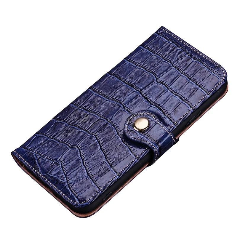 A black crocodile pattern leather wallet case for an iPhone 13, with a kickstand feature displayed.