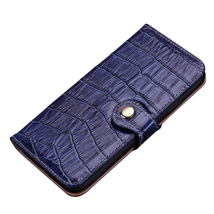 A black crocodile pattern leather wallet case for an iPhone 13, with a kickstand feature displayed.