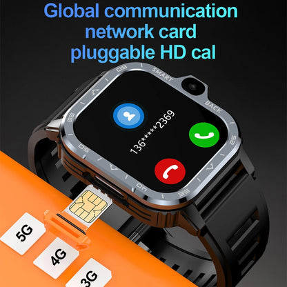 Smartwatch with a SIM card tray on a dark background, displaying phone interface.
