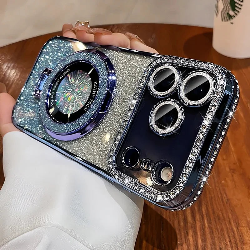 Phone case with glittery design held by a person on a wooden surface