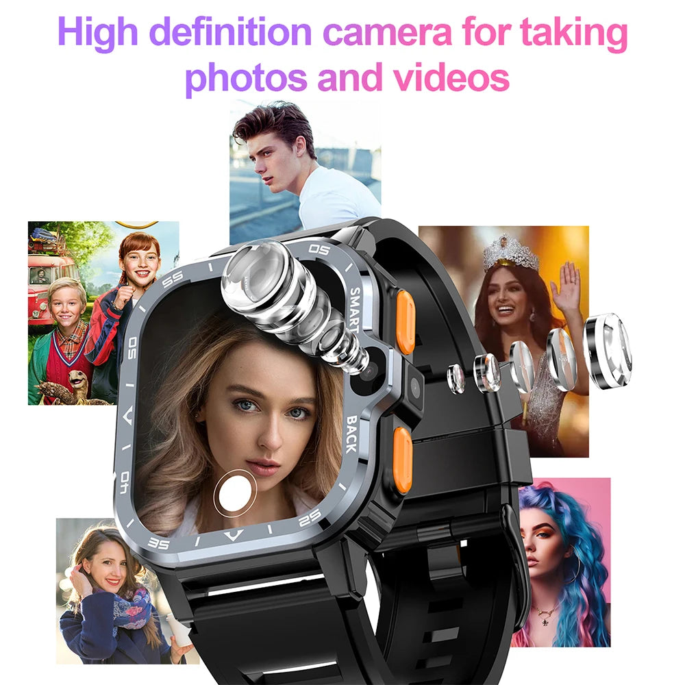 Smartwatch with high-definition camera feature, surrounded by people in various settings.