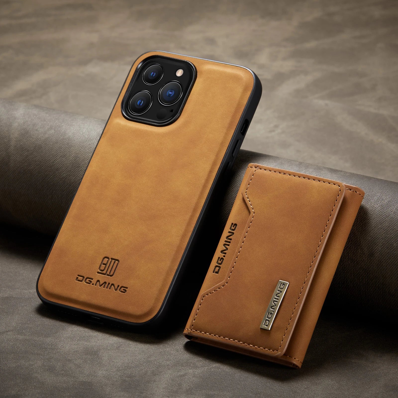 Brown leather phone case with DG.MING branding on a gray surface