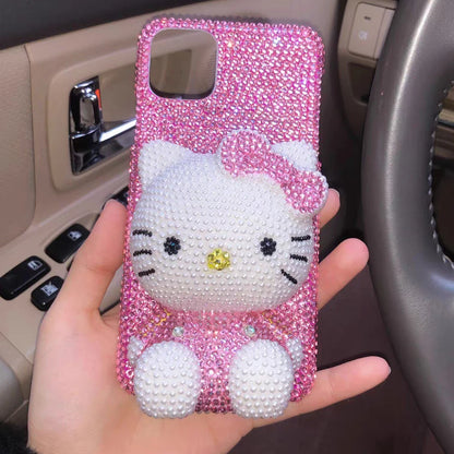 A collection of iPhone cases and accessories with Hello Kitty design, predominantly in pink and other colors, adorned with sequins and crystals.