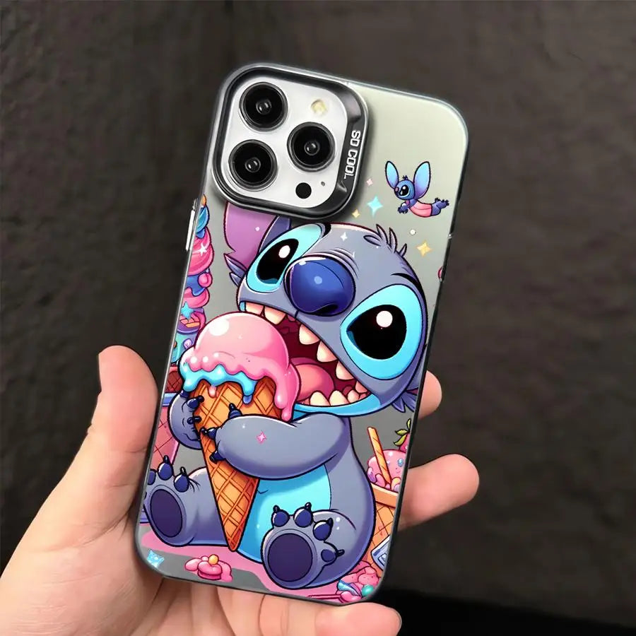 Plastic phone cases for iPhone with cartoon character designs. One case features a character in pink attire with a text bubble saying 'ouch', and the other case depicts a character with a large mouth holding an ice cream cone.