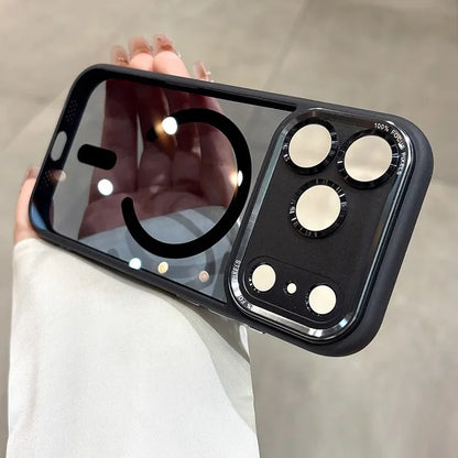 Phone case with camera lens protector held by a person