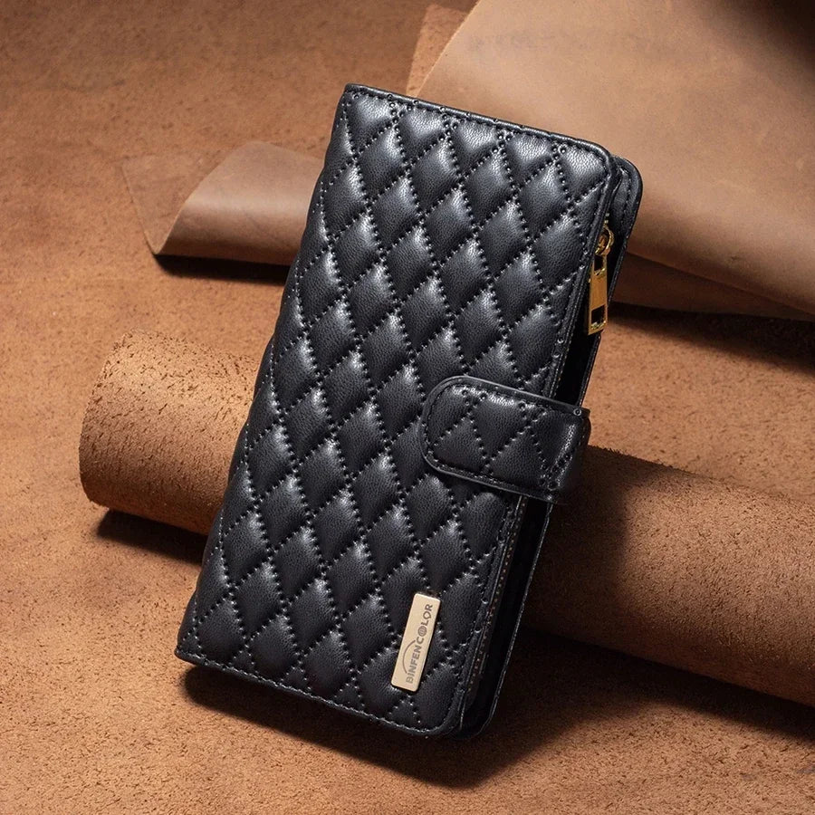 A collage of iPhone 16 cases with a magnetic wallet feature, showing various colors such as pink, blue, black, green, and brown.