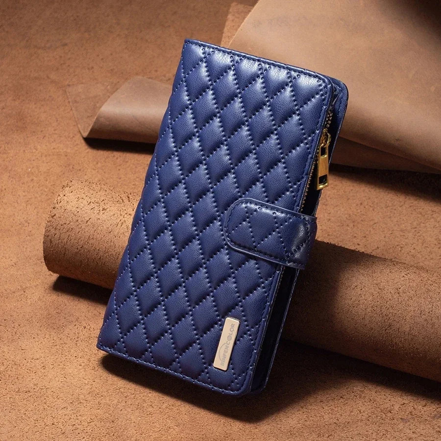 A collage of iPhone 16 cases with a magnetic wallet feature, showing various colors such as pink, blue, black, green, and brown.