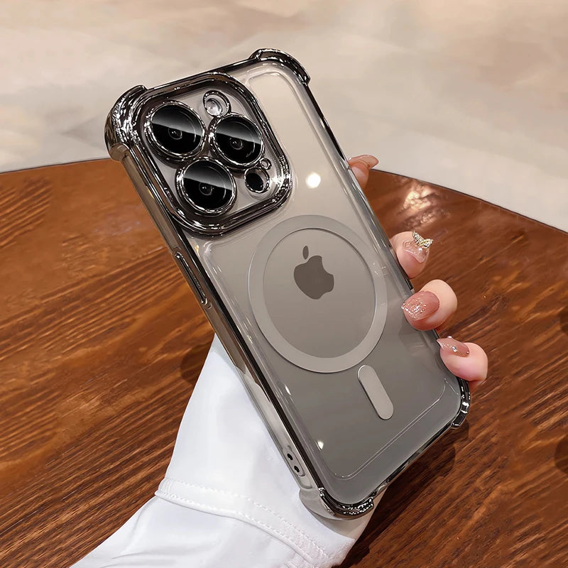 Clear phone case with Apple logo held by a hand on a wooden surface