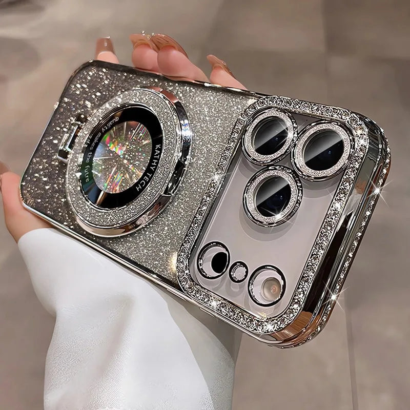 Phone case with glittery design held by a hand against a neutral background