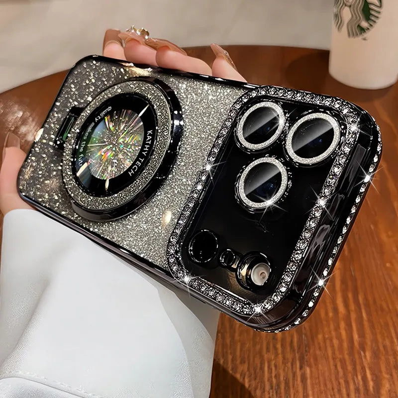 Person holding a glittery phone case with a Starbucks cup in the background