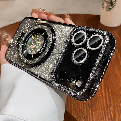 Person holding a glittery phone case with a Starbucks cup in the background
