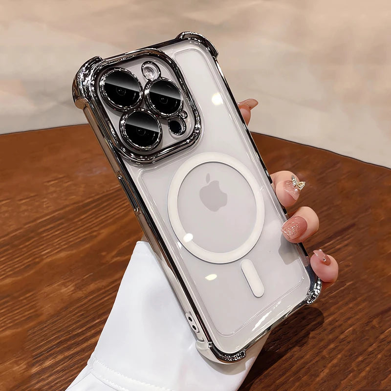 Phone case with Apple logo held by a hand on a wooden surface