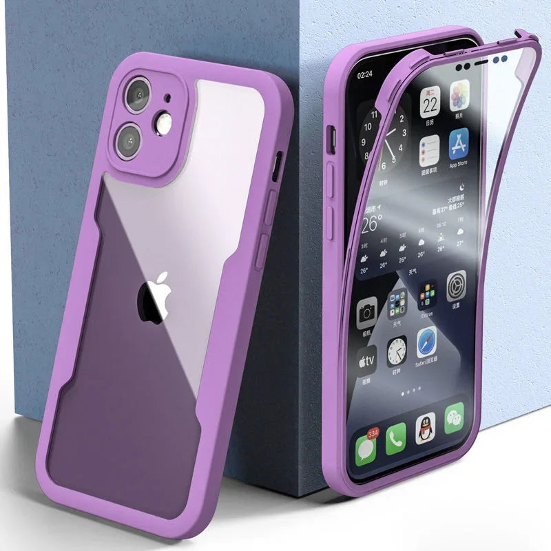 A purple iPhone case with a clear back, showcasing the iPhone's camera and buttons, placed against a blue background.