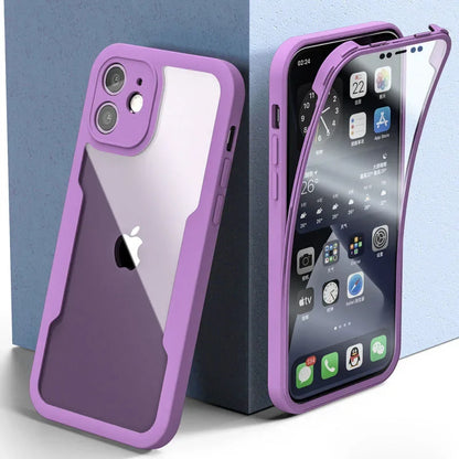 A purple iPhone case with a clear back, showcasing the iPhone's camera and buttons, placed against a blue background.