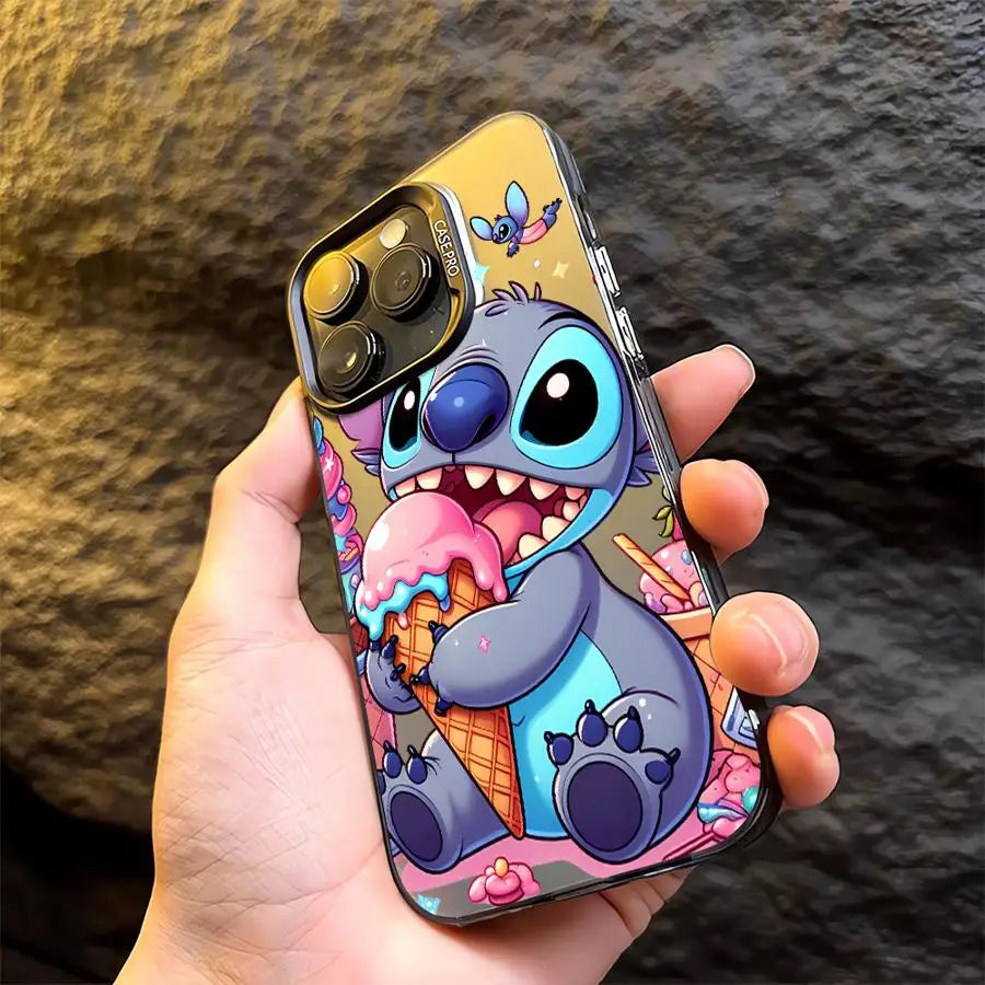 Plastic phone cases for iPhone with cartoon character designs. One case features a character in pink attire with a text bubble saying 'ouch', and the other case depicts a character with a large mouth holding an ice cream cone.