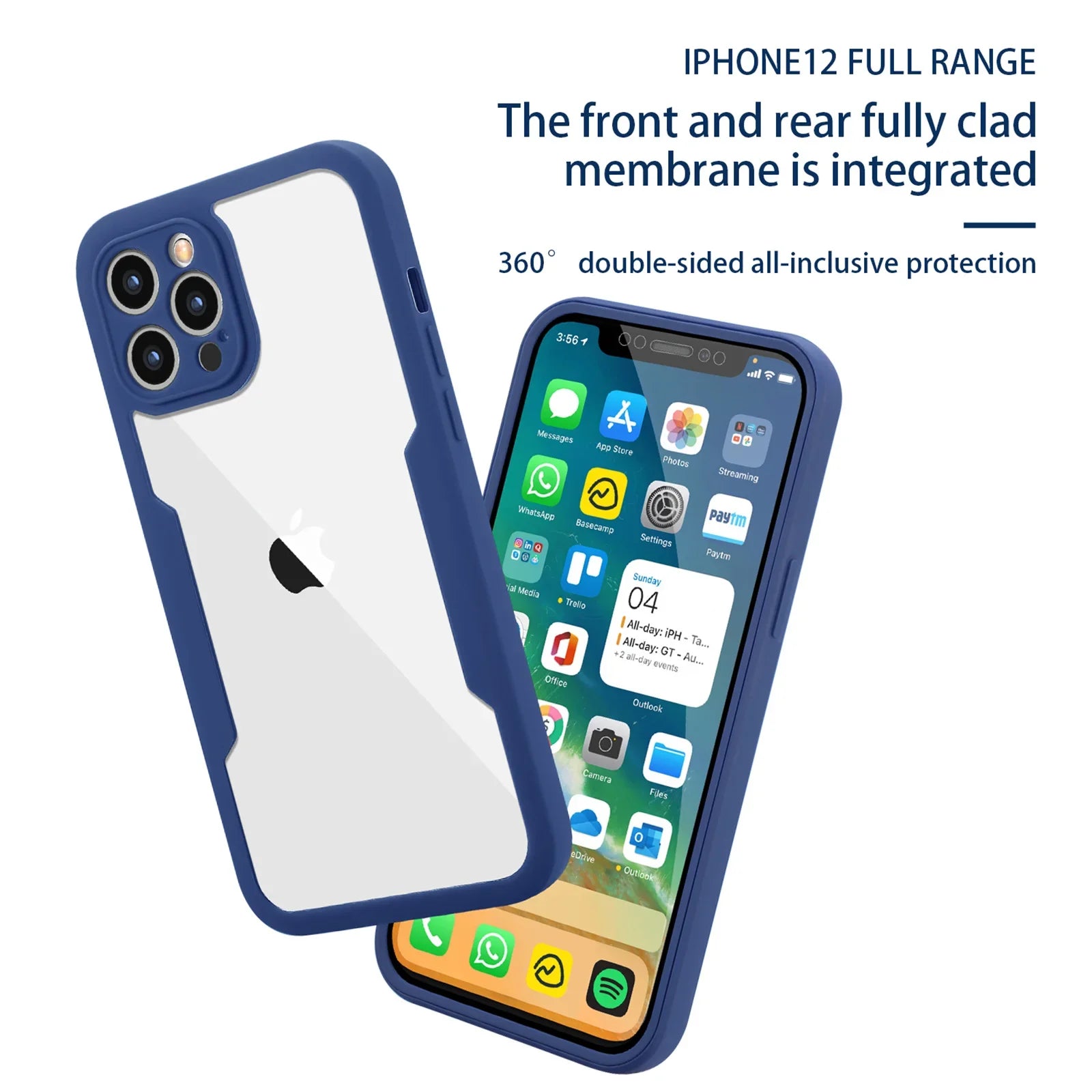iPhone case with a clear back, showcasing the iPhone's camera and buttons, placed against a blue background.