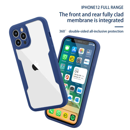 iPhone case with a clear back, showcasing the iPhone's camera and buttons, placed against a blue background.