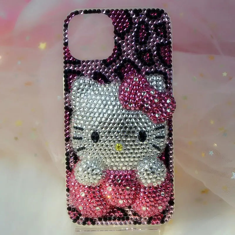 A collection of iPhone cases and accessories with Hello Kitty design, predominantly in pink and other colors, adorned with sequins and crystals.