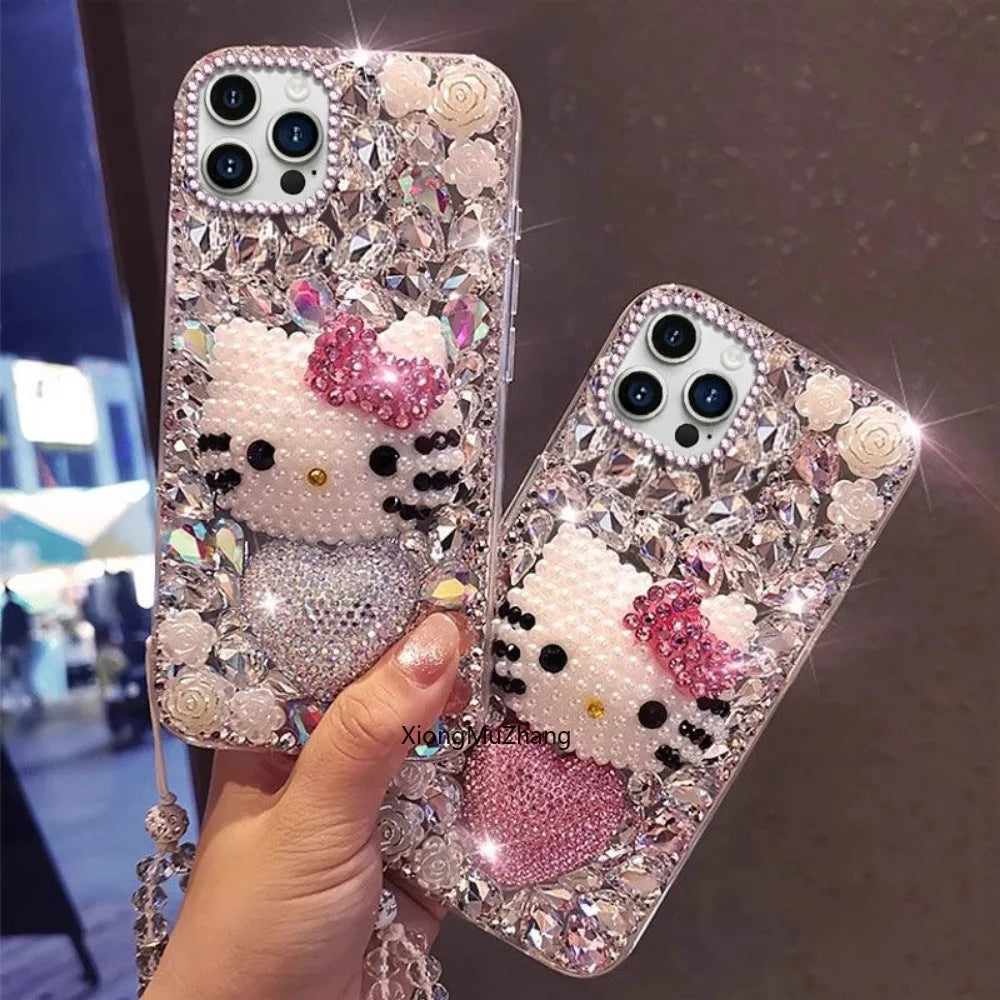 Phone case with Hello Kitty design held by a hand, blurred city street background