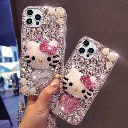 Phone case with Hello Kitty design held by a hand, blurred city street background