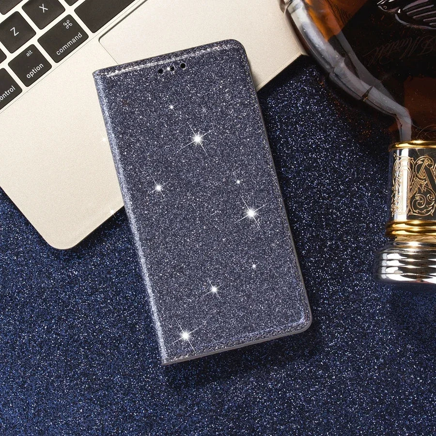 A purple glittery iPhone wallet case with a magnetic closure, displayed in various angles to show the front, back, and inside.