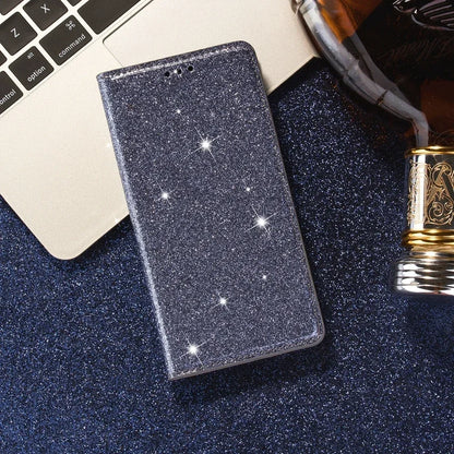 A purple glittery iPhone wallet case with a magnetic closure, displayed in various angles to show the front, back, and inside.