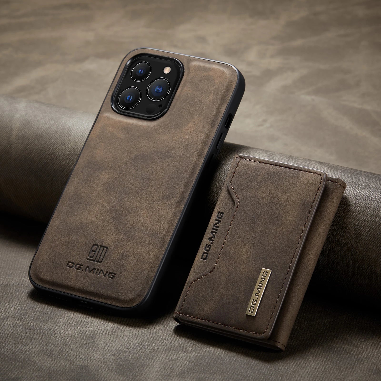 Brown leather phone case with DG.MING branding on a textured surface