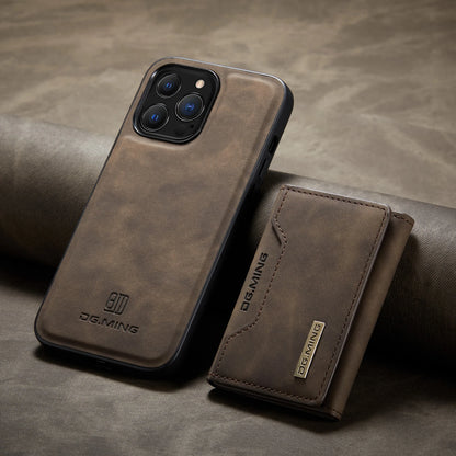 Brown leather phone case with DG.MING branding on a textured surface