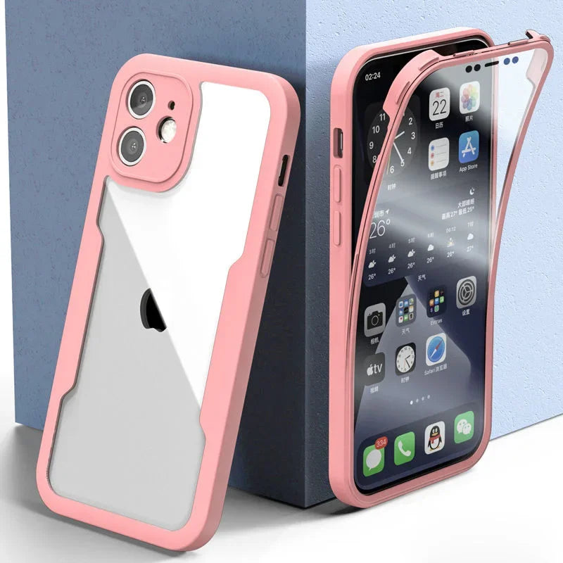 A pink iPhone case with a clear back, showcasing the iPhone's camera and buttons, placed against a blue background.