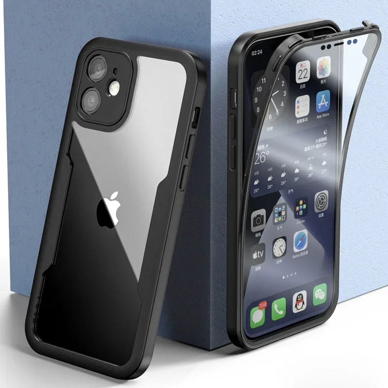 A black iPhone case with a clear back, showcasing the iPhone's camera and buttons, placed against a blue background.