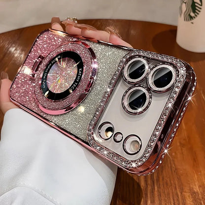 Sparkly phone case held by a person on a wooden surface with a Starbucks cup in the background.