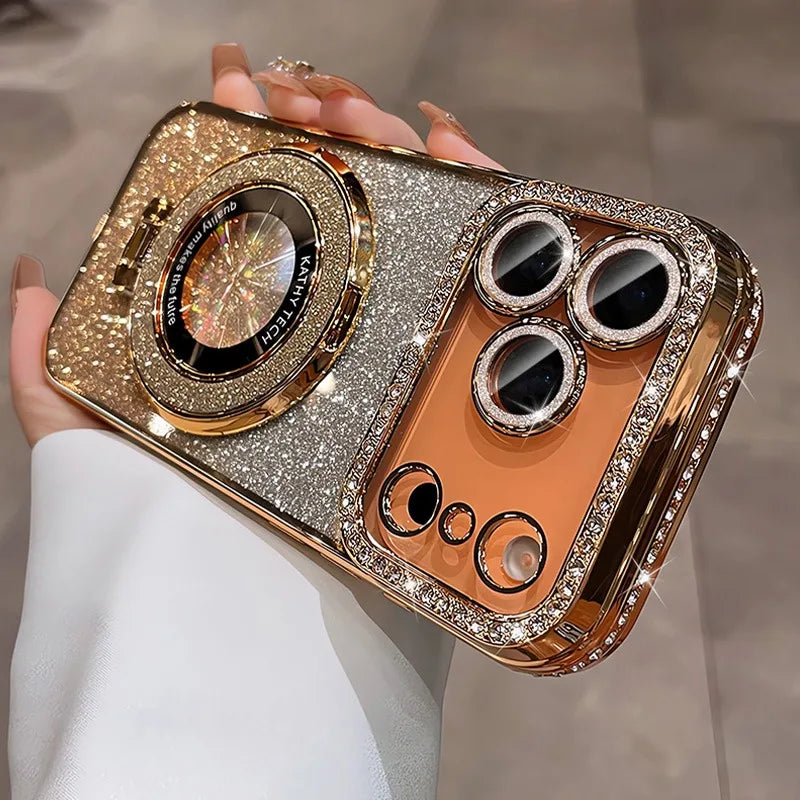 Luxury phone case with glittery design held by a hand