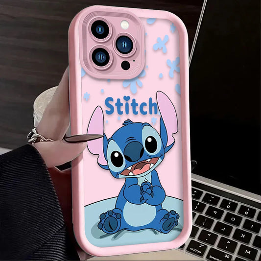 Two plastic phone cases for iPhone with a cartoon character Stitch printed on them. One case is pink with a single image of Stitch, and the other is red with a pattern of Stitch illustrations.