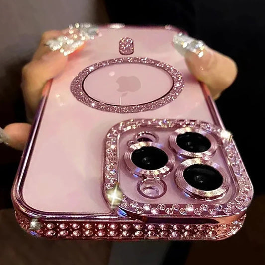 A pink iPhone case with a silver trim and crystal embellishments around the camera and Apple logo.
