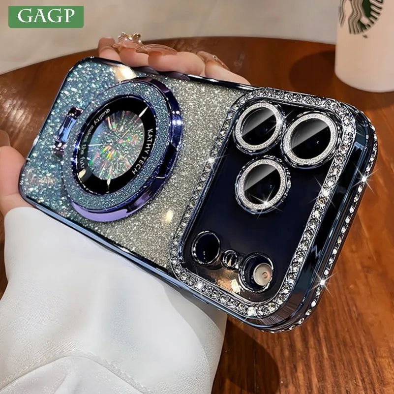 Phone case with glittery design held by a person, Starbucks cup in the background