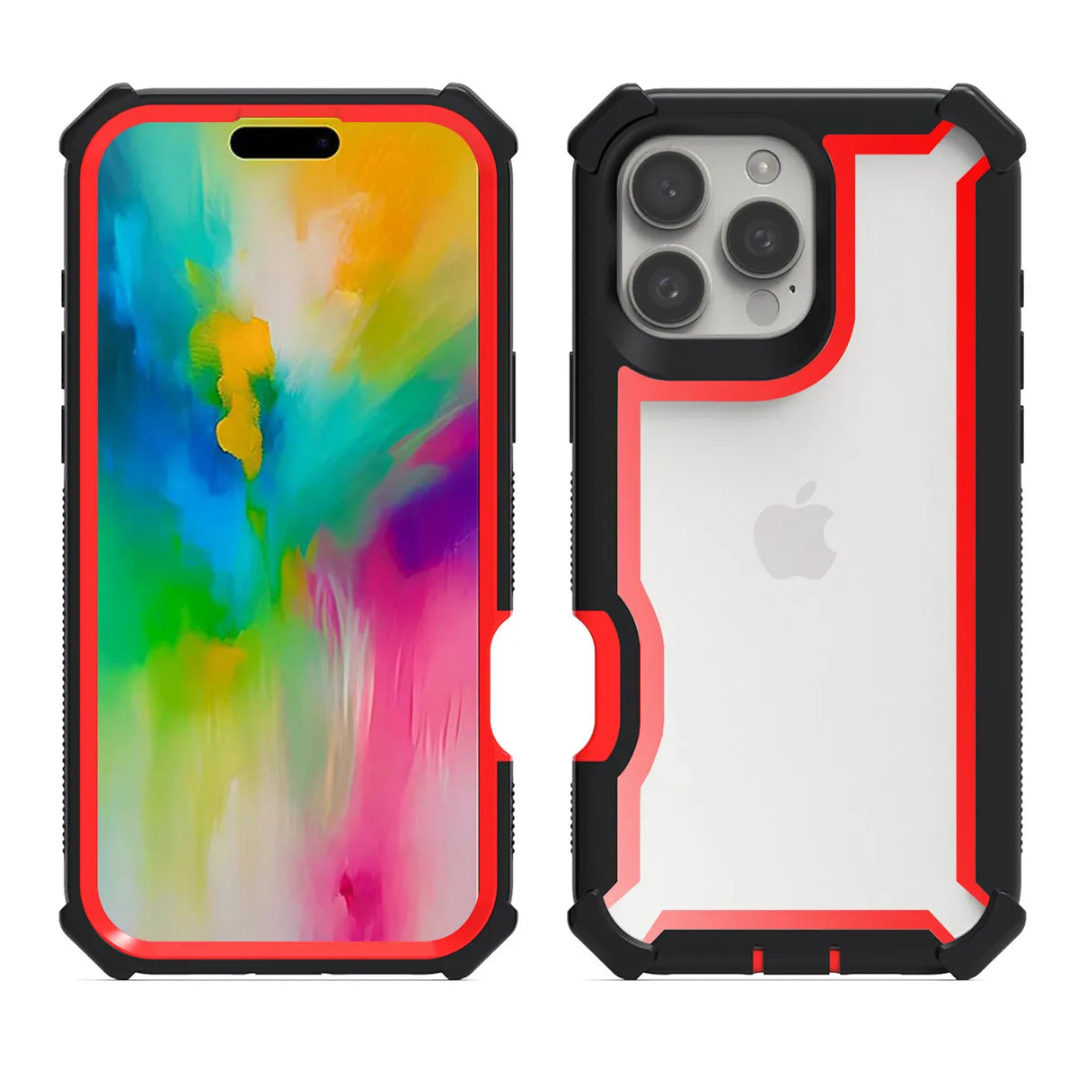 A red and black iPhone case designed to provide shockproof protection, featuring a clear back panel and green edging.