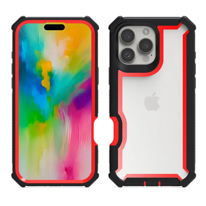 A red and black iPhone case designed to provide shockproof protection, featuring a clear back panel and green edging.