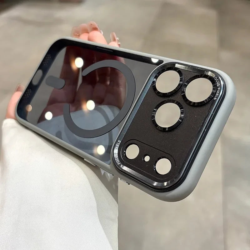 Phone case with camera lens protector held by a person