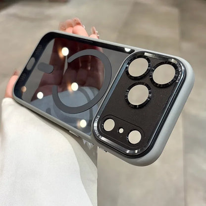Phone case with camera lens protector held by a person