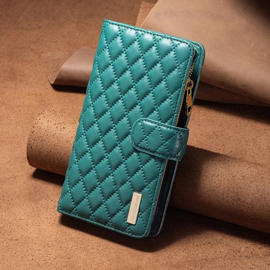 A collage of iPhone 16 cases with a magnetic wallet feature, showing various colors such as pink, blue, black, green, and brown.