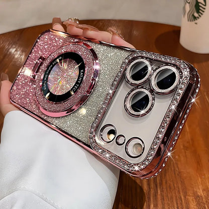 Phone case with glittery design held by a person on a wooden surface