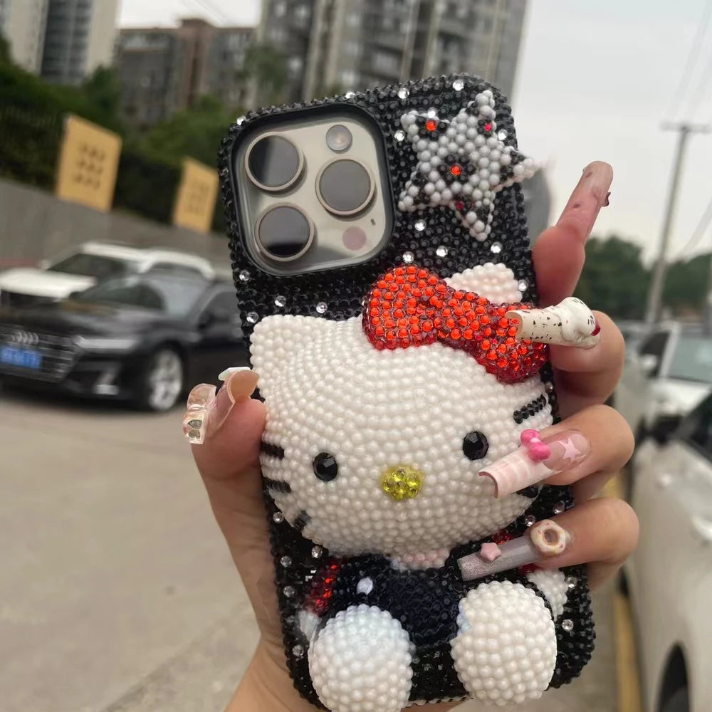 A collection of iPhone cases and accessories with Hello Kitty design, predominantly in pink and other colors, adorned with sequins and crystals.