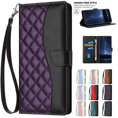 A variety of iPhone 16PM Quakeproof Flip Cases in different colors, featuring a quilted design in purple and black, with card slots and a wrist strap.