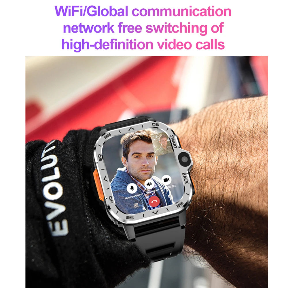 Smartwatch displaying a video call on a wrist with text about communication network features.