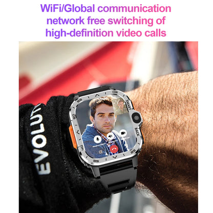 Smartwatch displaying a video call on a wrist with text about communication network features.