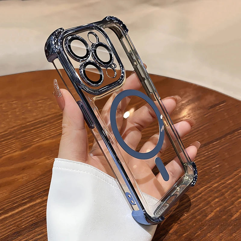 Clear phone case with blue accents held by a hand on a wooden surface