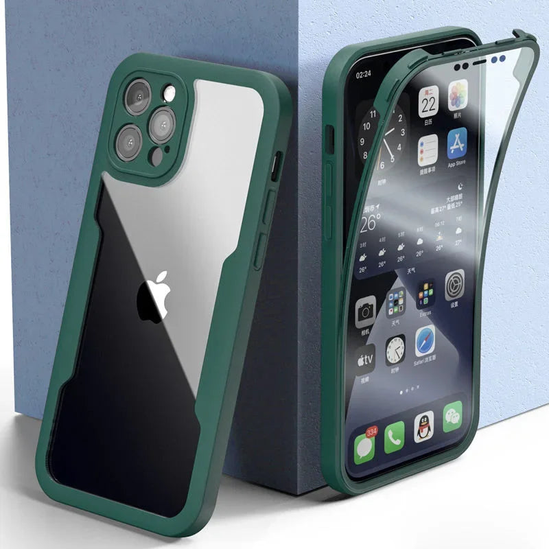 A green iPhone case with a clear back, showcasing the iPhone's camera and buttons, placed against a blue background.