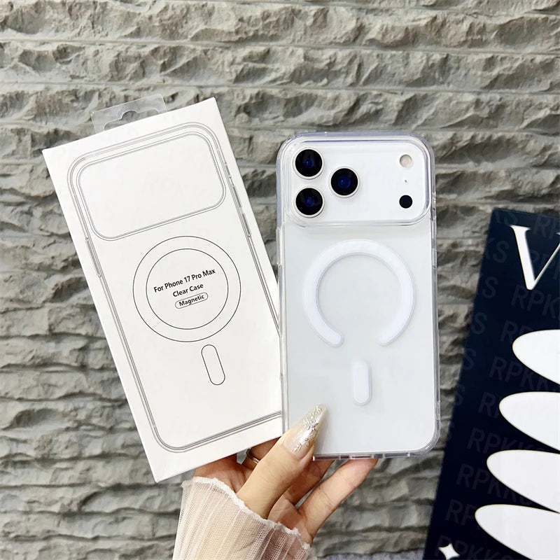 Clear phone case held by a hand with a stone wall background