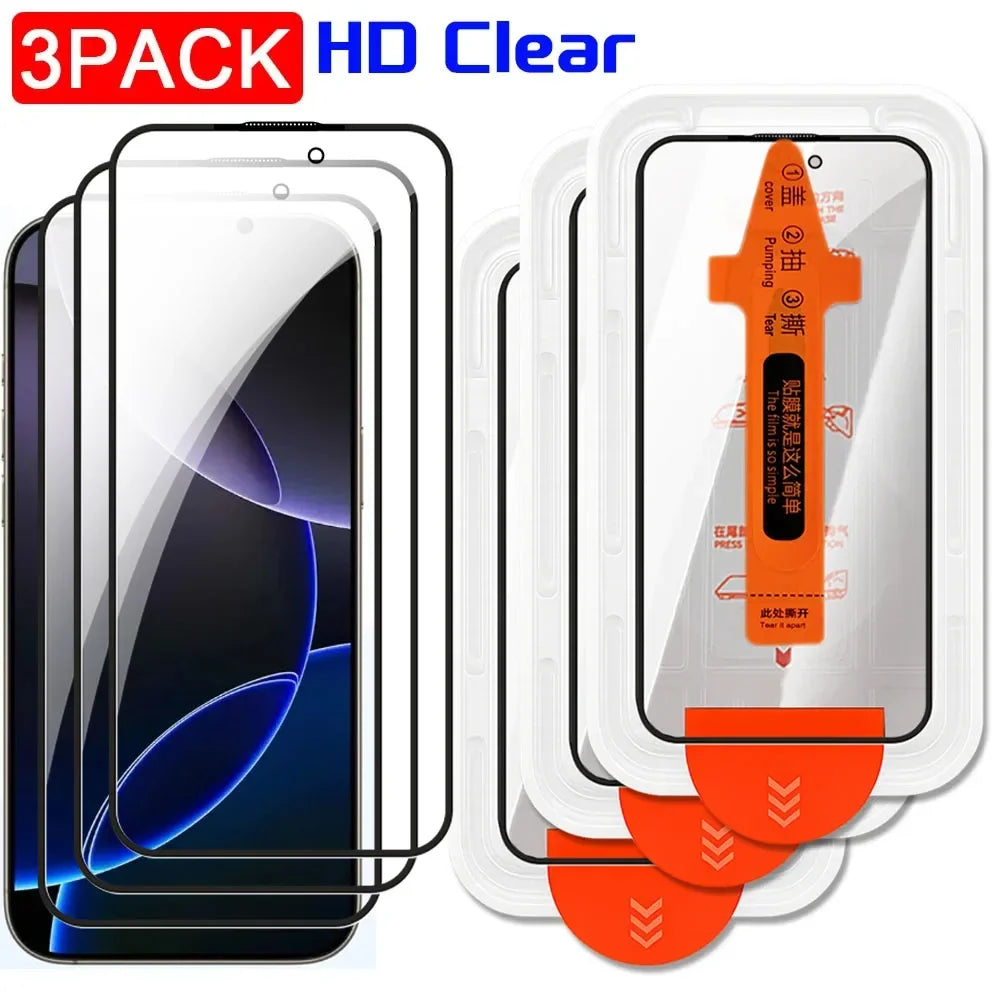 Three HD clear screen protectors with packaging on a white background